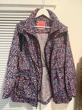 kate spade Navy Floral Zip Anorak with Pink & Light Blue Blossoms wind breaker